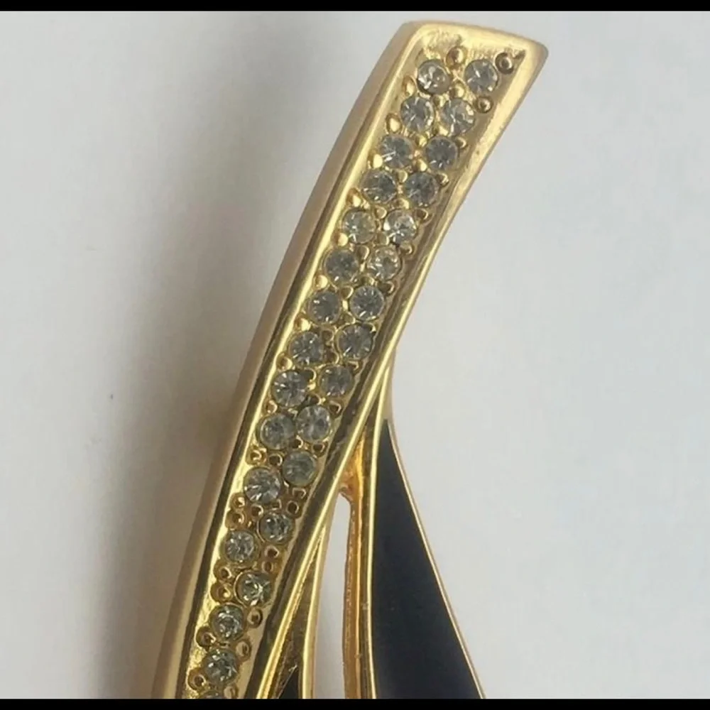 Vintage Christian Dior Swarovski Crystal Leaf Black Enamel Brooch - Picture 5 of 8